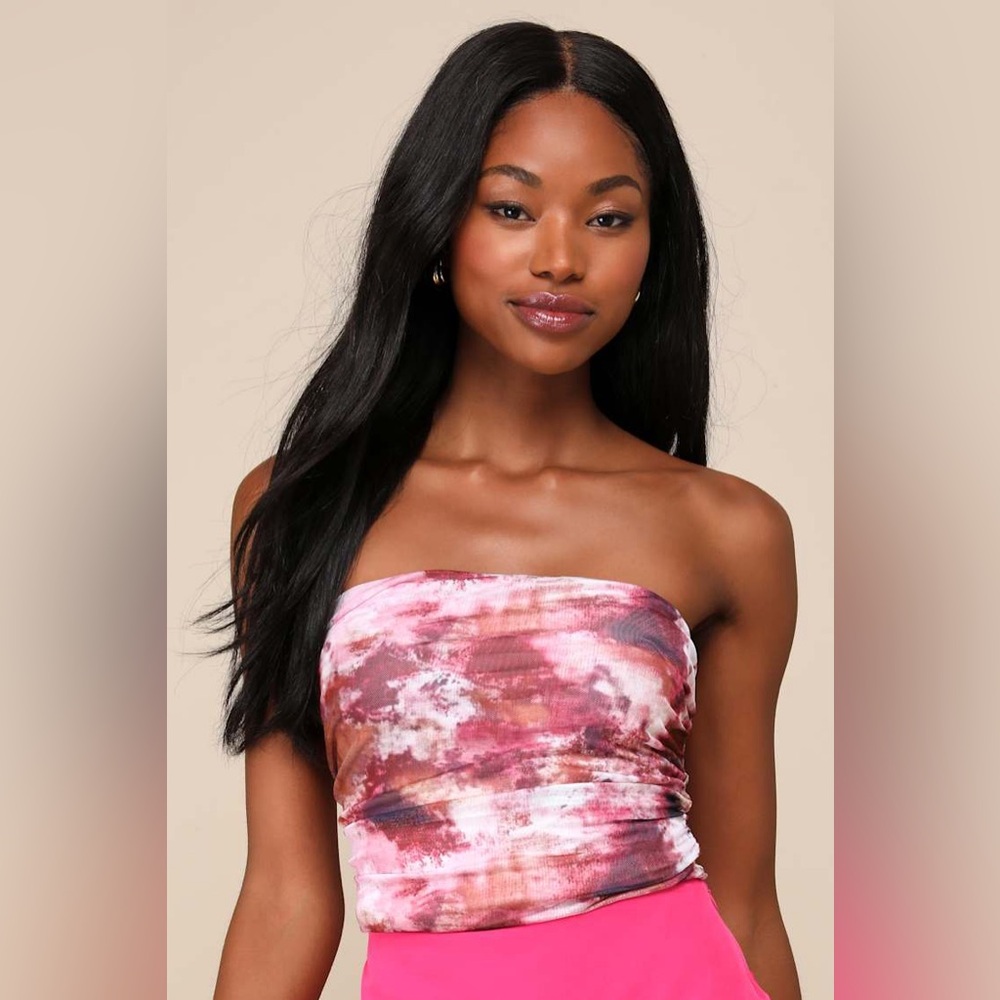 Lulus Flirty Focus Pink Multi Abstract Print Mesh Strapless Crop Top Size XL